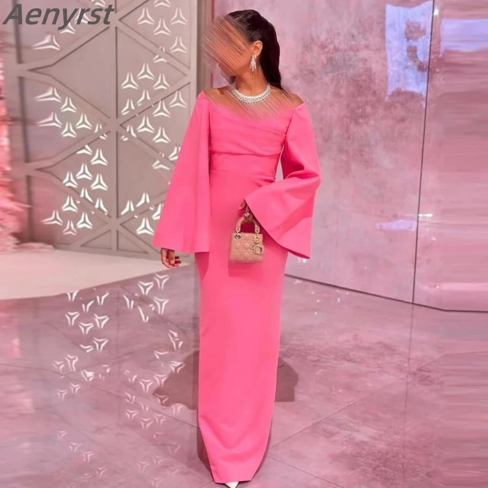 Aenyrst Pink Satin Off the Shoulder Long Sleeves Zipper Prom Dresses Pleat Ruched customized Party Dress Formal Occaison Gowns