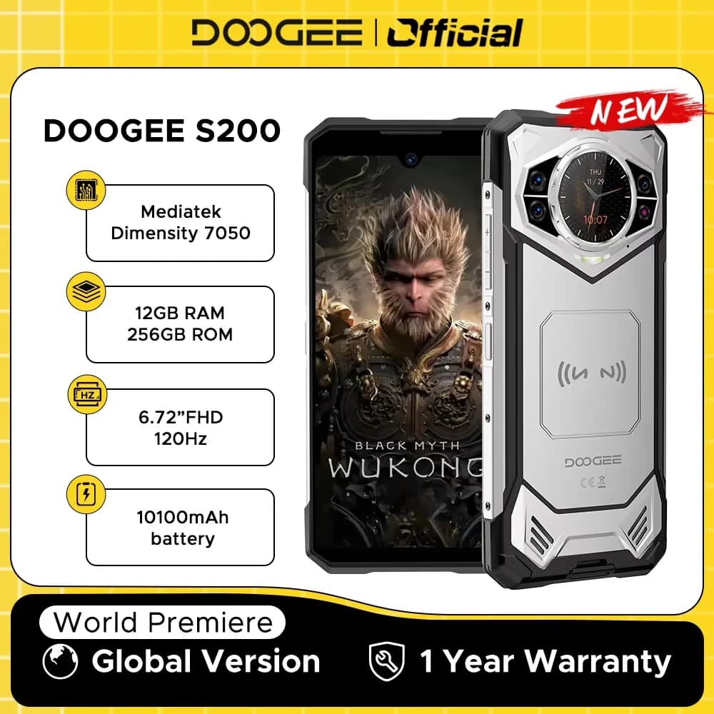 DOOGEE S200 Rugged Phone 5G Dimensity 7050 Octa Core 1.32" AMOLED Rear Display 12GB RAM+256GB ROM 100MP Camera 10100mAh 5G Phone