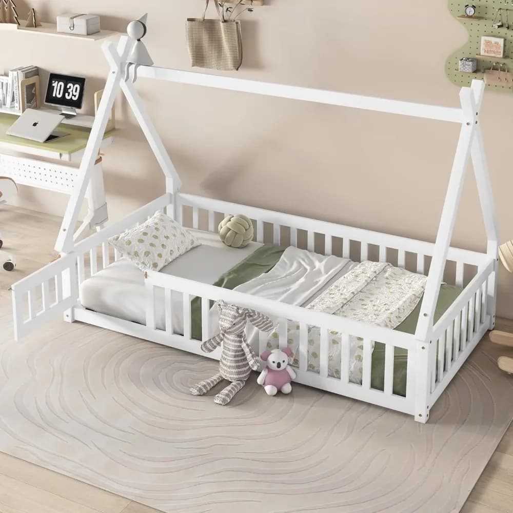 Twin Floor Bed for Kids Tent-Shaped Montessori Floor Bed with Slats and Guardrails Twin Size Wood Teepee Bed Frame with Fence