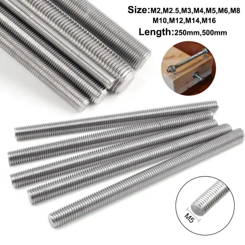304 Stainless Steel Threaded Rod M2-M20, 250mm/500mm Length, All Thread Stud Bar 1pcs