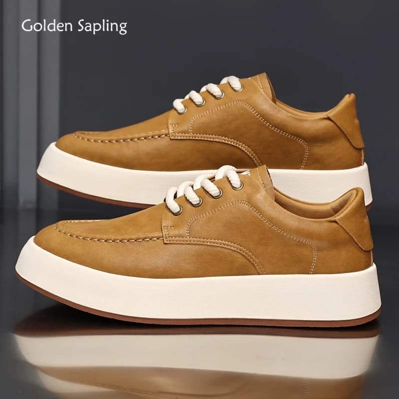 Golden Sapling Male Casual Skateboarding Shoes Winter Fashion Flats Genuine Leather Men Daily Round Toe Boat Shoes Man Trendy