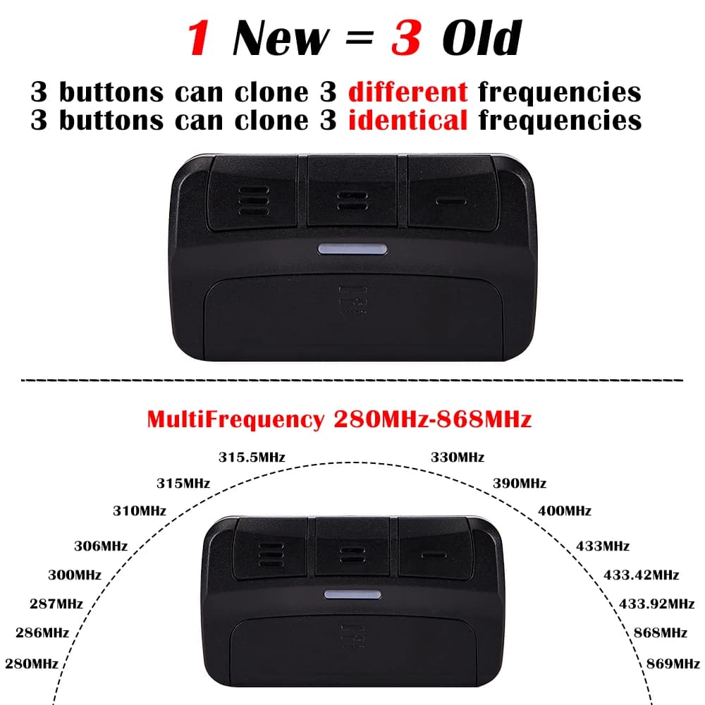3 in 1 MultiFrequency Garage Doo / Gate Remote Control 280MHz-868MHz Garage Door Opener Command Gate Opener Transmitter Keychain