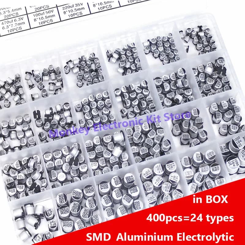 400PCS capacitor kit Aluminum Electrolytic SMD condensadores electrolíticos 1uF~1000uF 6.3V-50V 24Value with box kit de reparac