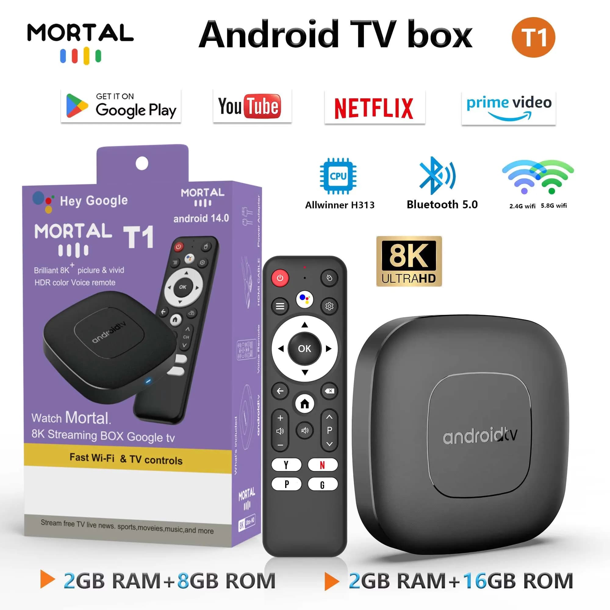 Factory Price Mortal T1 TV Box Allwinner H313 Android14 2.4G&5G Wifi 6 4K BT5.0 Voice Assistant Smart Streaming Media Player