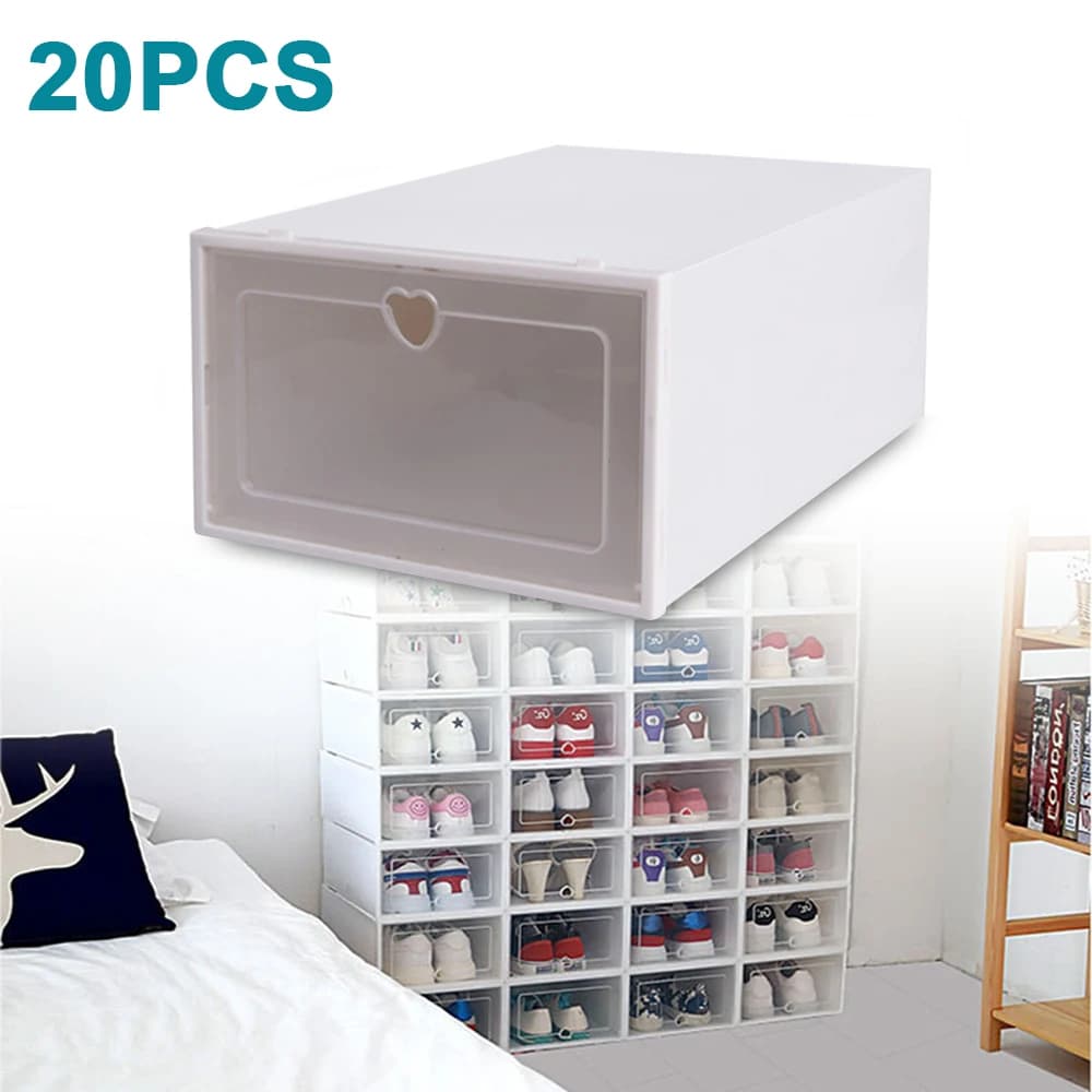Pack of 20 Shoe Boxes Stackable Foldable Transparent Plastic Container Shoe Box with Lid White Shoe Organizer with Drawer