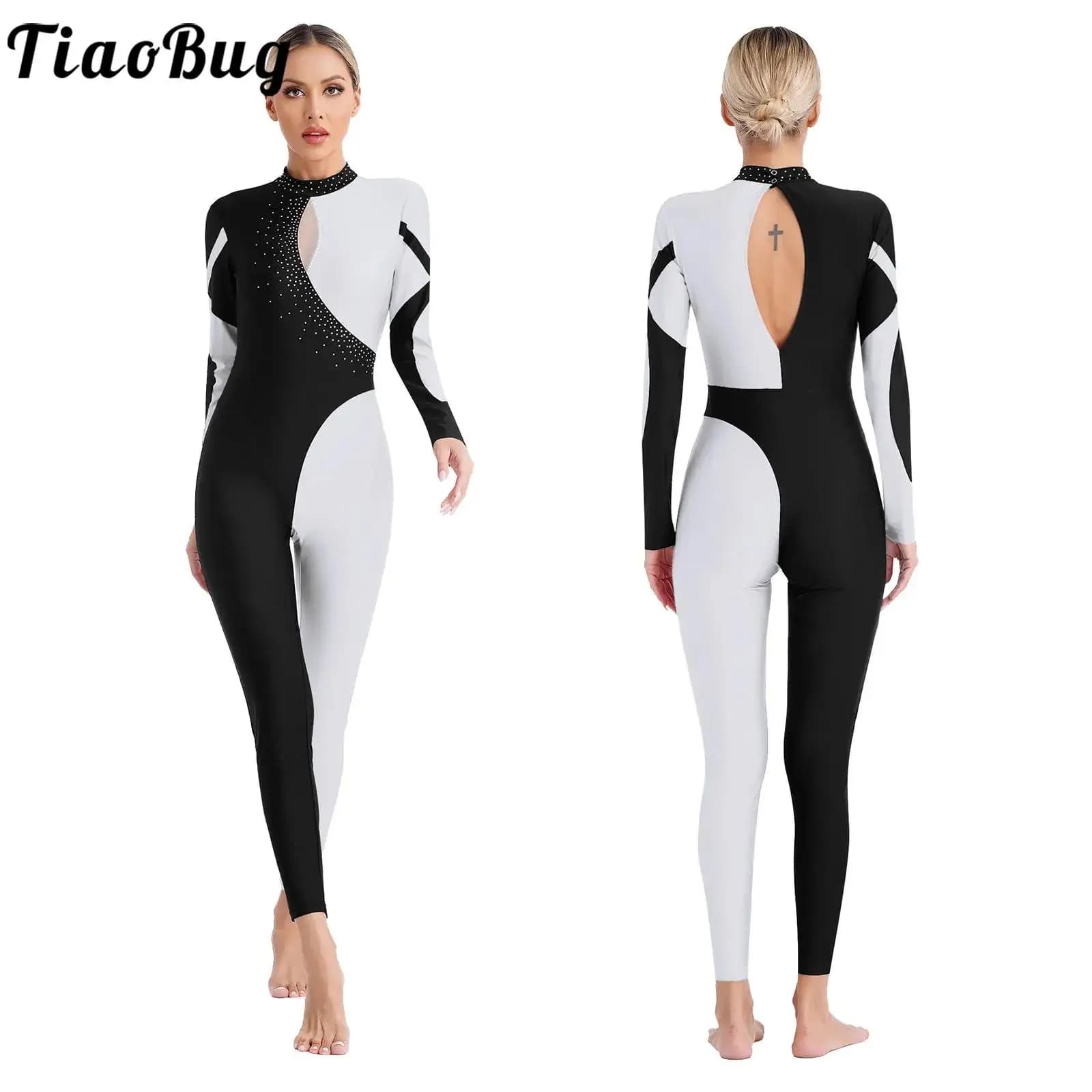 Womens Contrast Color Bodysuit Jumpsuit Long Sleeve Shiny Rhinestones Ballet Dance Gymnastics Leotard Stage Performance Costume