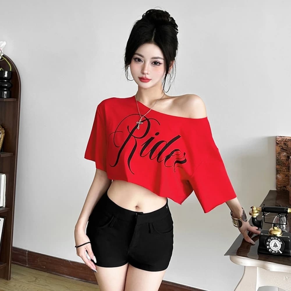 SylCue Letter Print Oversized T-shirt Women Skew Collar Short Sleeves Off Shoulders Irregular Hem Hip-hop Style Trend Crop Tops