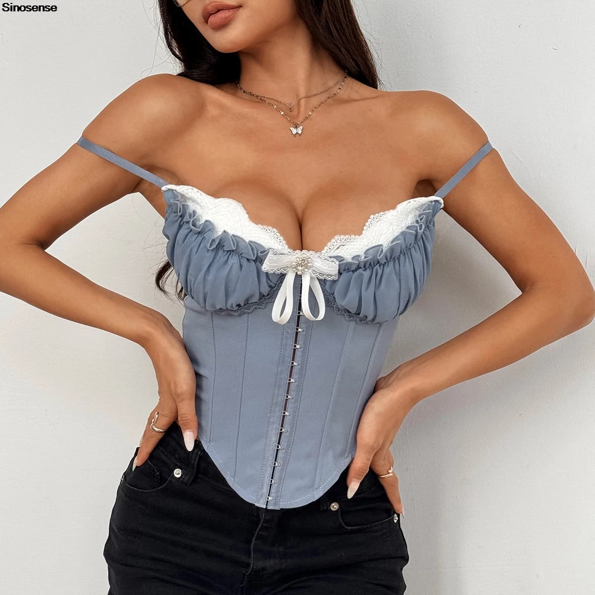Women Fishbone Corset Top Sexy Sheer Mesh Ruffle Lace Trim Crop Cami Going Out Camisole Y2K Street Date Night Club Party Tops