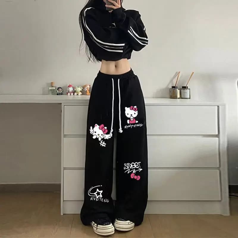 Sanrio American Retro Hello Kitty Printed Graffiti Casual Sports Pants Wide Leg Hip Hop Sweatpants Streetwear Women 2024 Summer