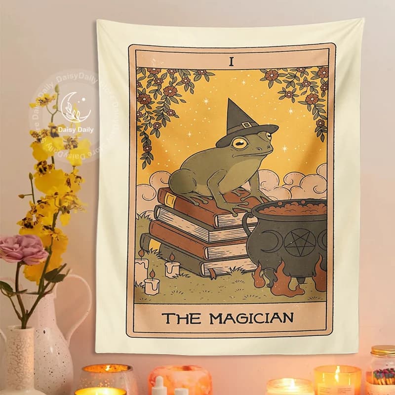 Frog Magic Tapestry Wall Hanging Vintage Tarot Frog Psychedelic Bohemian Hippie Aesthetic Tapestries for Living Room Home Decor