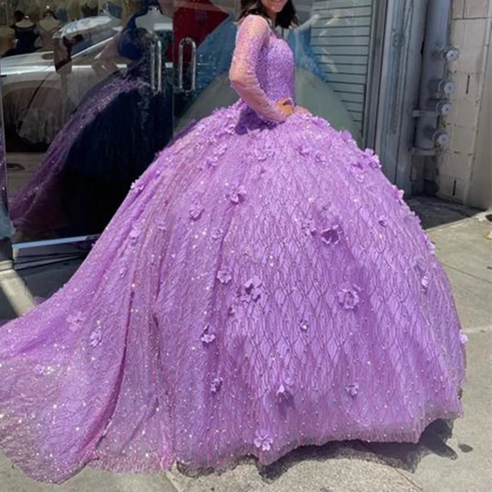 ANGELSBRIDEP Lavender Lilac Princess Quinceanera Dresses Illusion Long Sleeve 3D Floral Beaded Vestidos De Xv Años Customized