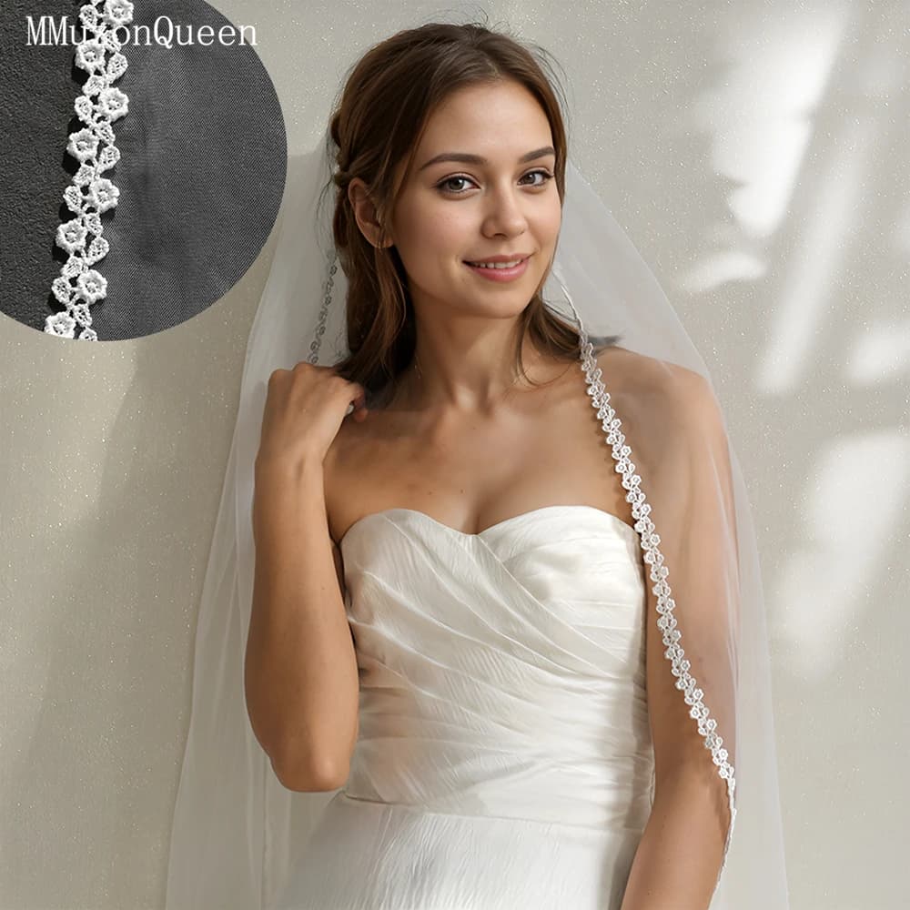 MMQ Cheap Bridal Lace Edge Short Veil Soft One Layer White Beige Bride Girlfriend Wedding accesories voile beige M04