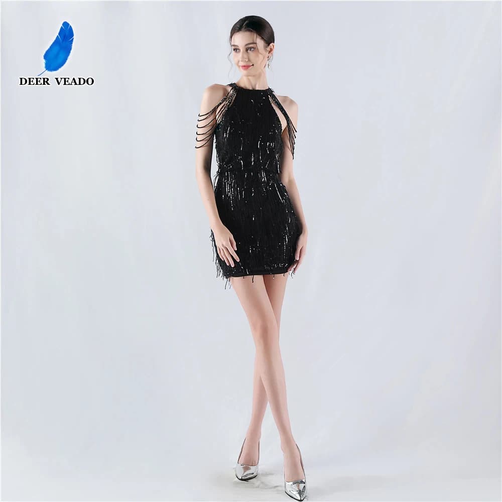 DEERVEADO Women's Mermaid Sequins Beaded Short Evening Dresses Elegant Cocktail Party Dresses with Tassel Formal Dress Gala