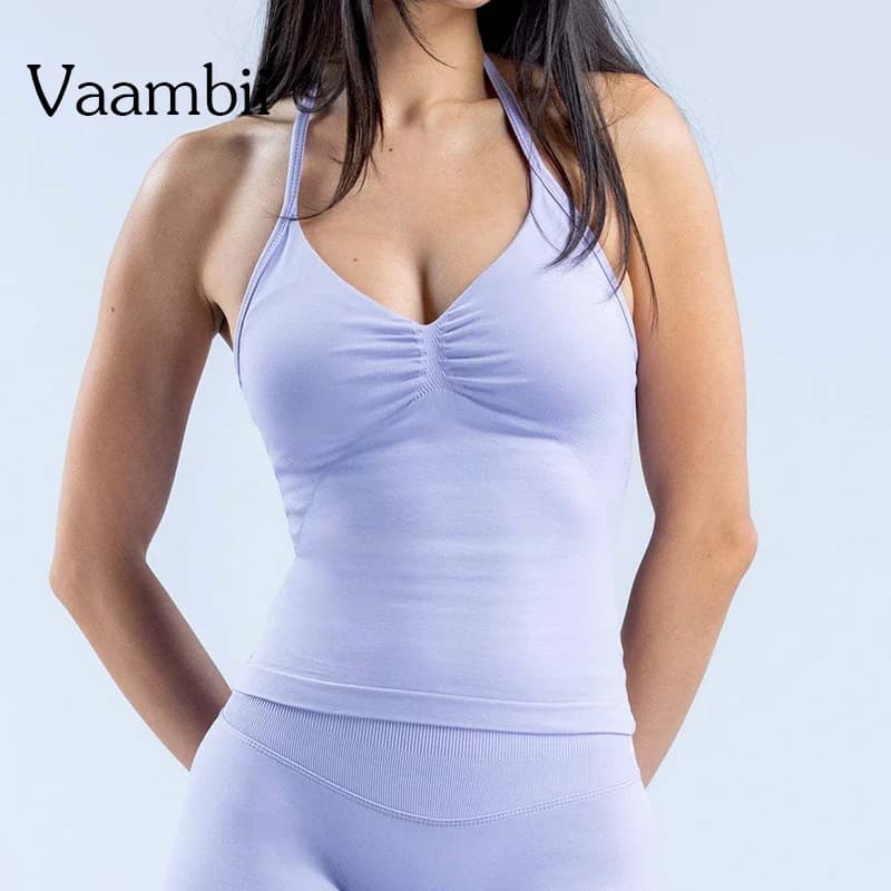 Gym Beautiful Open Back Bra Running Workout Halter Longline Strappy Top Sports Yoga Vest Women's Fitness Tank Top