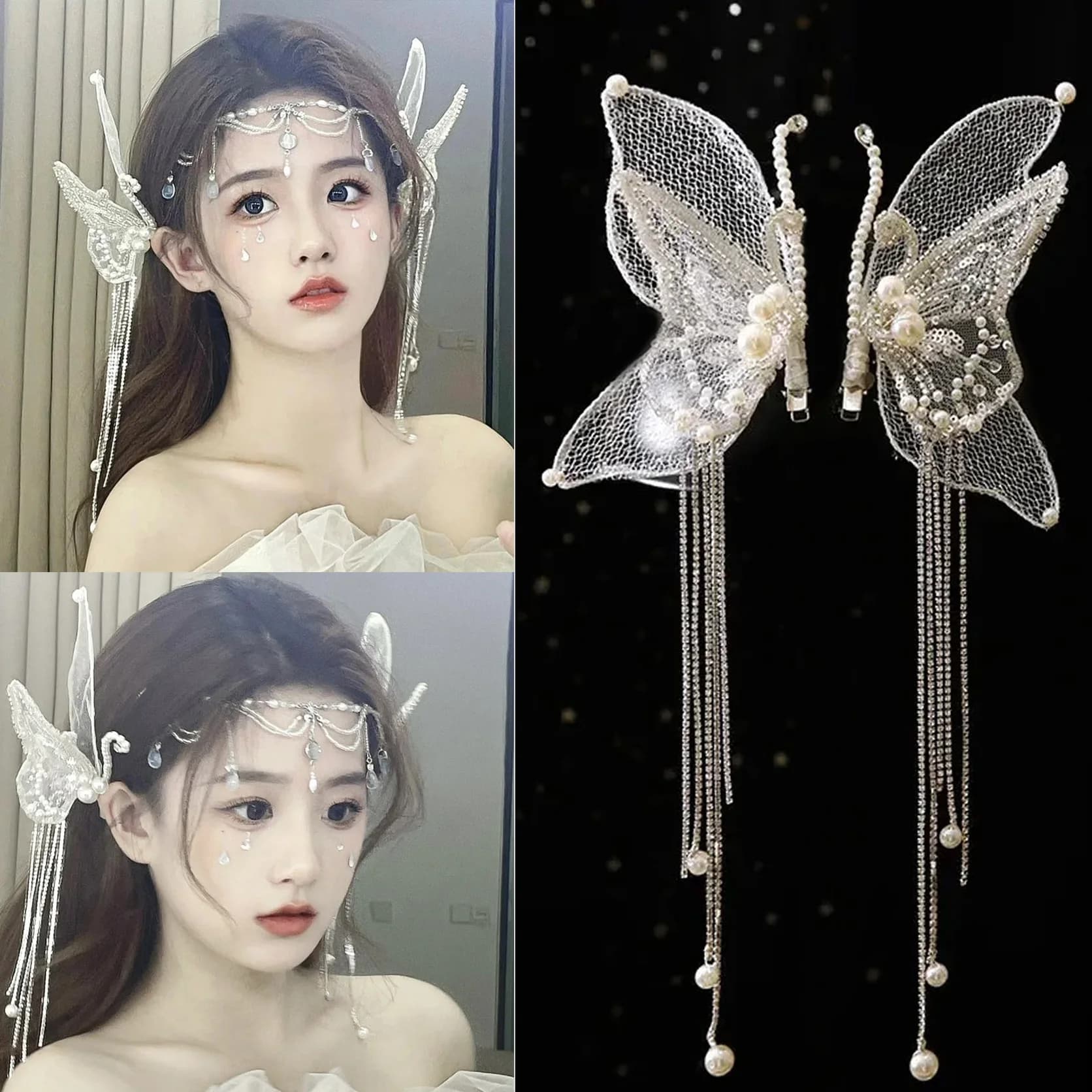 2pcs Handmade Beaded Butterfly Tassel Hair Clip Bridal Wedding Dress Banquet Makeup Headband Hair Accessories Hairband Decor