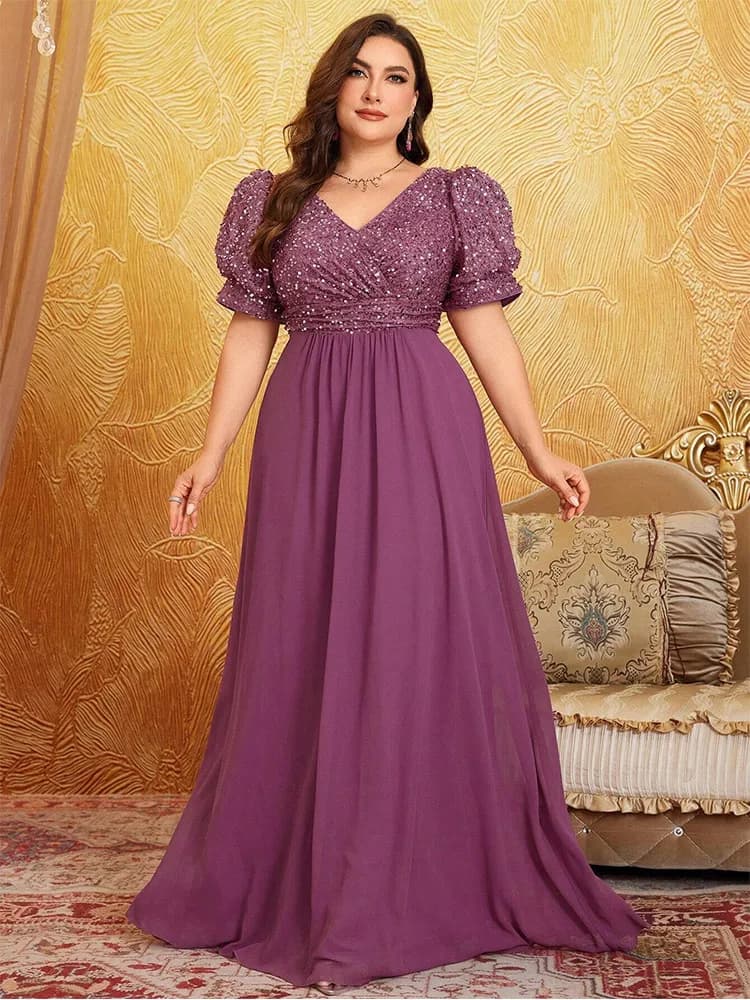 Plus Size V-Neck Sequined Chiffon Sparkling Floor-Length Evening Dress 4xl 5xl Big Size Chiffon Bridesmaid Evening Dress Women