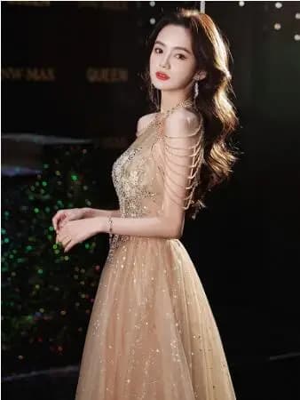 2022 Champagne Gold Celebrity Dress Halter A-line Floor-length Tassel Sleeve Party Night Sparkly Sequin Beaded Evening Gown New