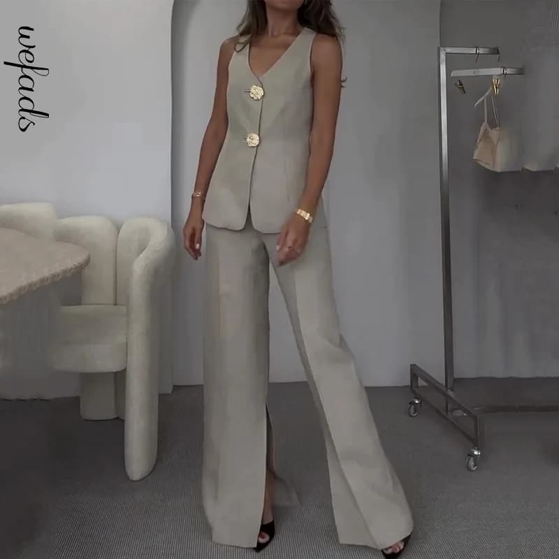 Wefads Two Piece Set Women Summer Office Simple V Neck Sleeveless Single Breasted Button Vest Top Loose Wide Legs Pants Sets
