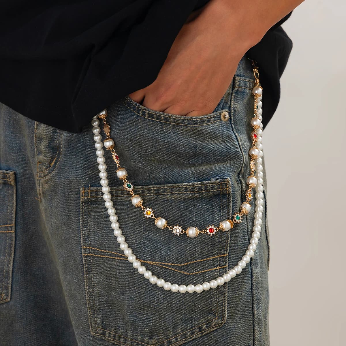 Salircon Exquisite Luxury Imitation Pearl Keychain Wallet Belt Chain Men Women Punk Trousers Hipster Pant Chain HipHop Jewelry