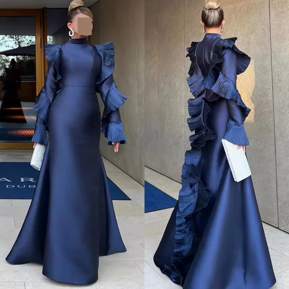 Customized Modern Style Fashion Pleat Ruched A-line High Collar Long Dresses Bespoke Occasion Dresses Casual Pastrol Classic