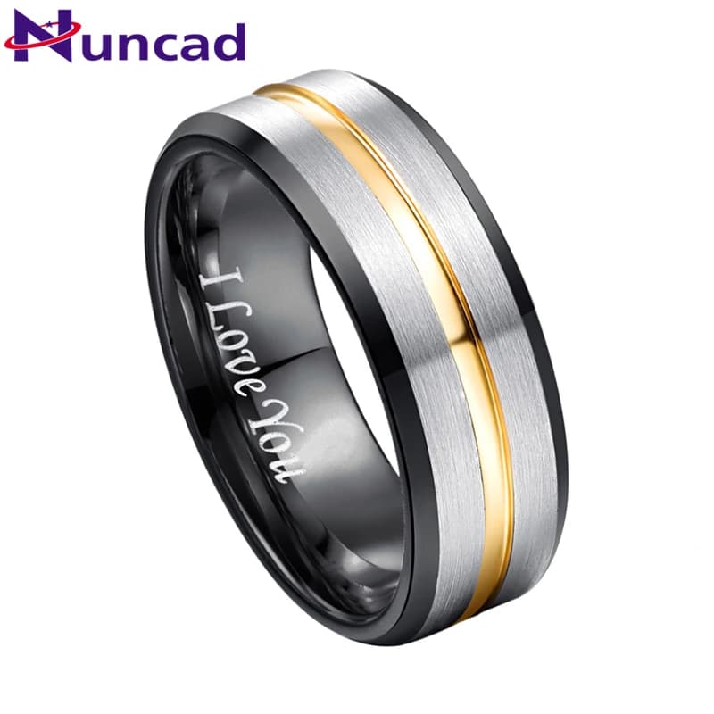NUNCAD 8mm Width Tungsten Carbide Ring Electroplated Black Inner Ring Bevel Gold Groove Frosted Tungsten Steel Men's Ring T175R