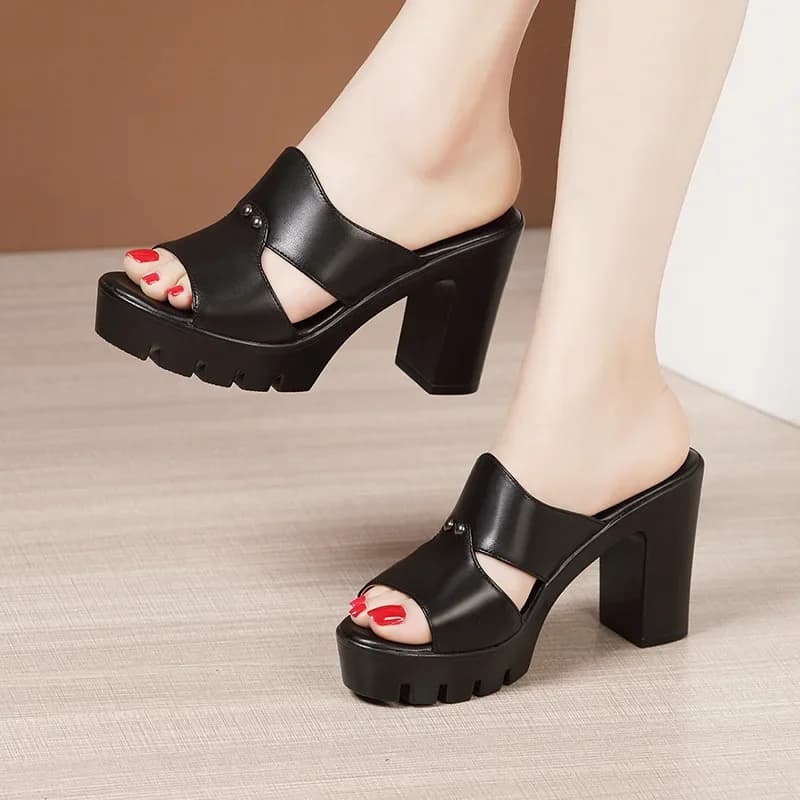 10cm Small Size 32-43 Fashion River Slippers Soft Leather Shoes Platform 2024 Women's Block High Heels Slides for Office Model