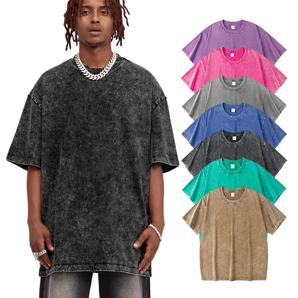 Solid Color Men Washed T-Shirts 230G Heavyweight Vintage Cotton T Shirt Sleeved Harajuku O-Neck Short Loose Hip Hop Mens Tops