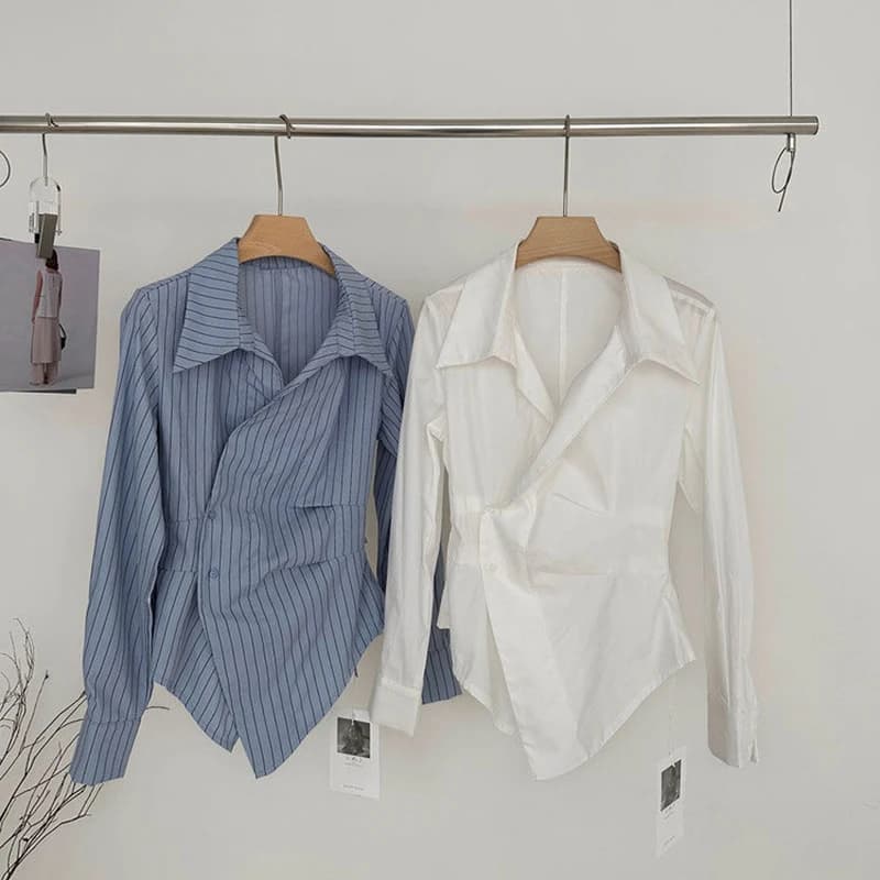 MEXZT Elegant Striped Shirts Women Vintage Irregular White Blouses Ladies Korean Long Sleeve Chic Buttons Slim Design Tops New