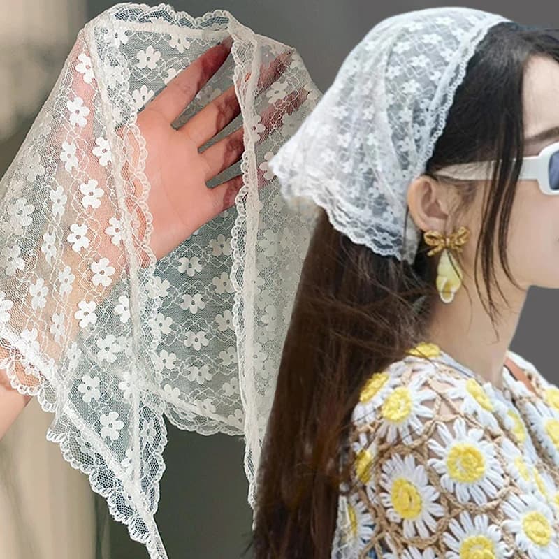 Retro Sweet Flower Triangle Hair Scarf Women Girls Square Scarf Headband Korean French Pastoral Headdress Summer Lace Headwear