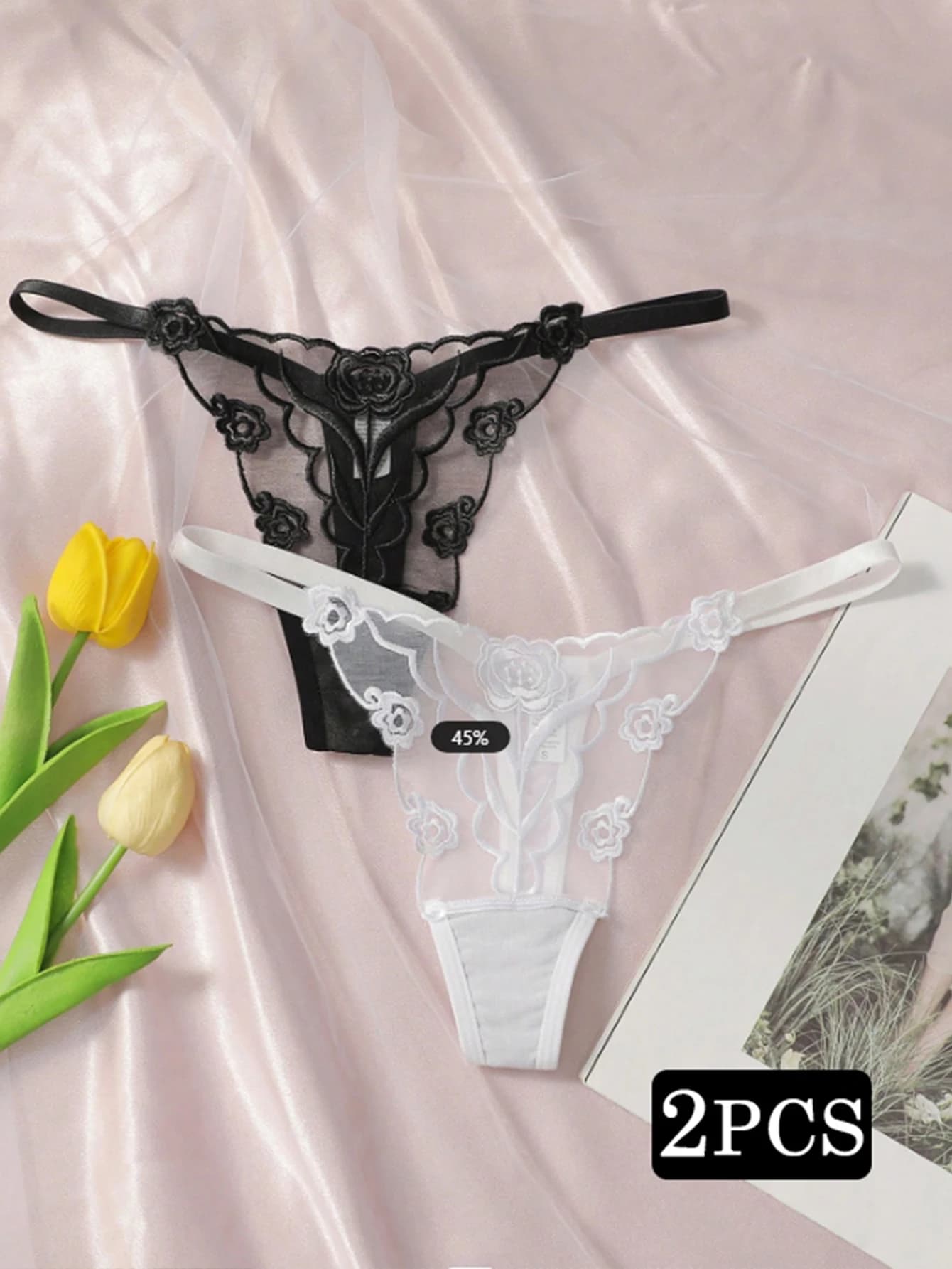 2pcs Ladies' New Lace Sexy Black And White Embroidered Flower Print Sexy Set Thong Underwear C2648