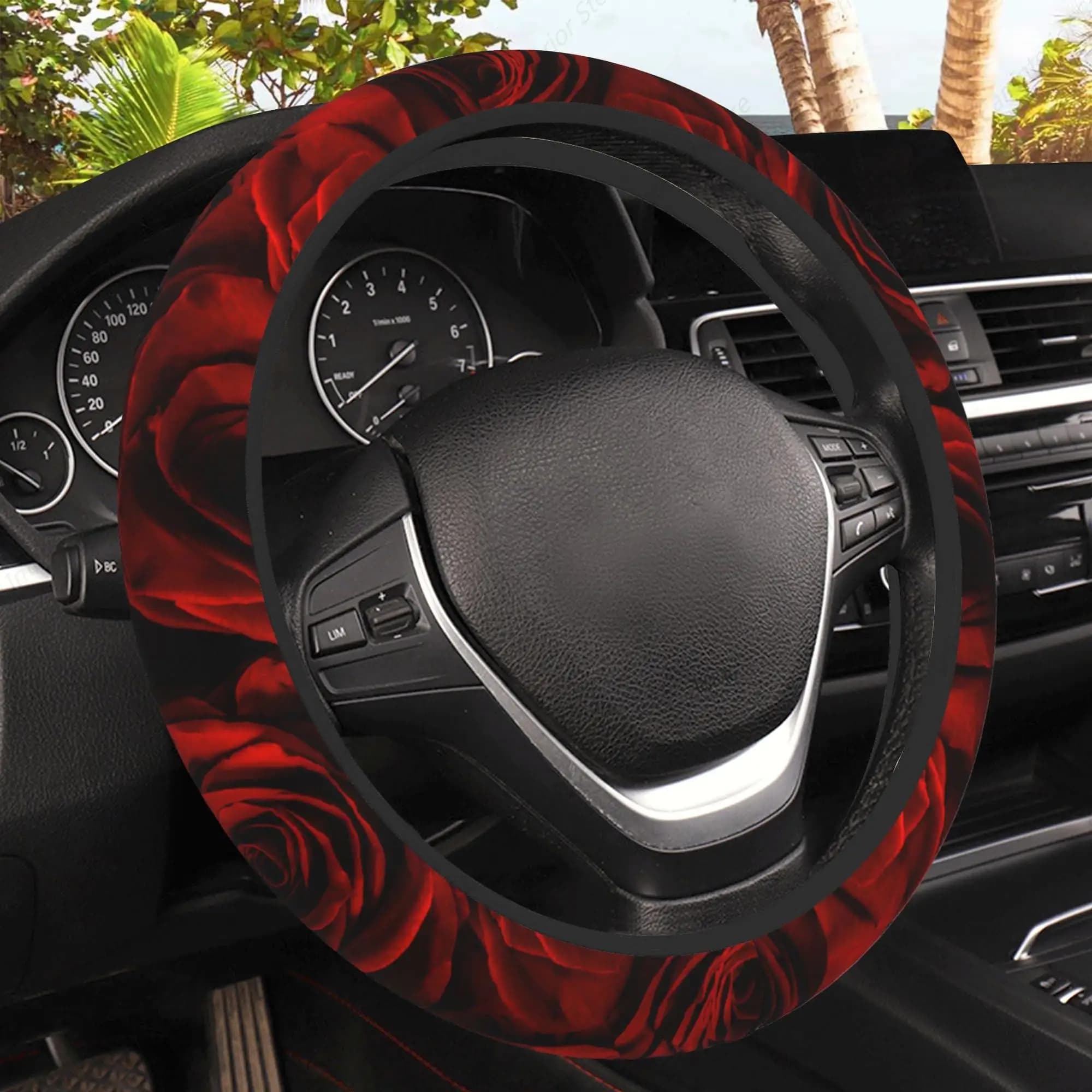 Red Roses Steering Wheel Cover, Elastic Non-Slip Steering Wheel Protector,Auto Interior Decor for Women Girls