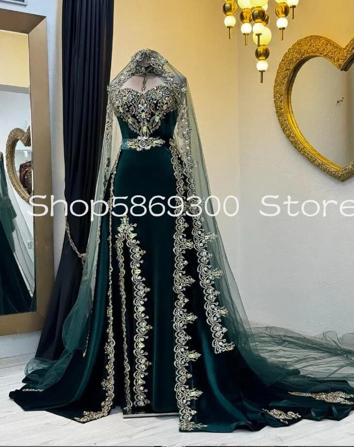 Customized Vevlet Caftan Morocco Prom Dresses with Veil Wrap Crystal Applique Mermaid Long Evening Gown Henna Caftan marocain