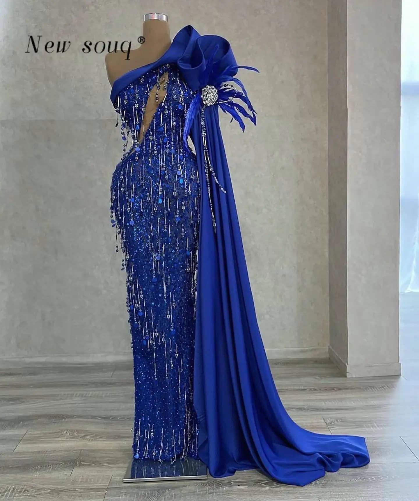 Royal Blue Feathers One Shoulder Cape Mermaid Evening Dresses Long Beading Tassels African Nigeria Party Gowns Robe De Soiree