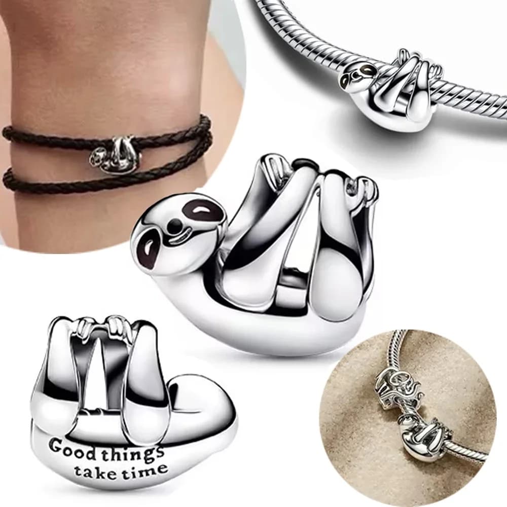 925 Sterling Silver Cute Animal Hanging Sloth Charm fit Original Bracelet Charm Women's Black Enamel Craft Jewelry Gift