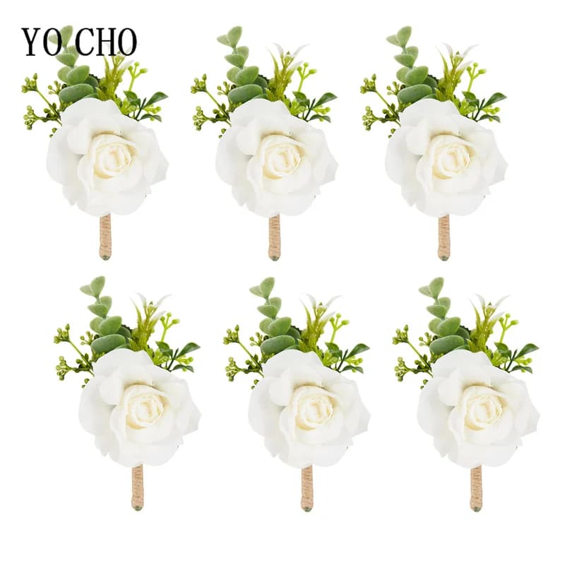 6PCS White Ivory Rose Boutonniere for Men Groom and Best Man Boutonnieres with Artificial Flower for Wedding Ceremony Anniversar