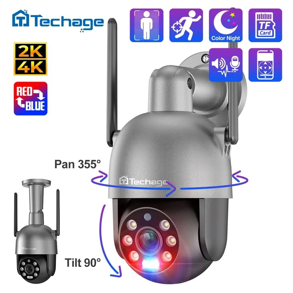 Techage 8MP 4K 2K PTZ Security Wireless IP Camera Video Surveillance WIFI Camera Outdoor AI Red-Blue Light Alarm Human Detected