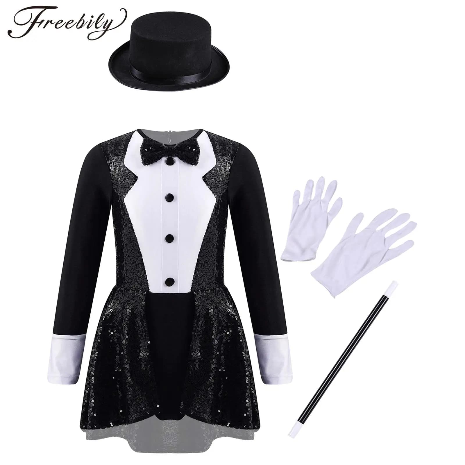 Kids Girls Magician Costume Halloween Circus Cosplay Performance Clothes Shiny Sequin Leotard Dress with Hat Magic Wand Gloves