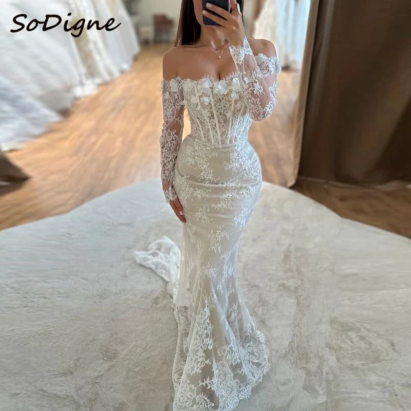 SoDigne Mermaid Lace Wedding Dresses Off Shoulder Long Sleeves Bridal Dress Boho Wedding Gown Robe De Mairee Customized