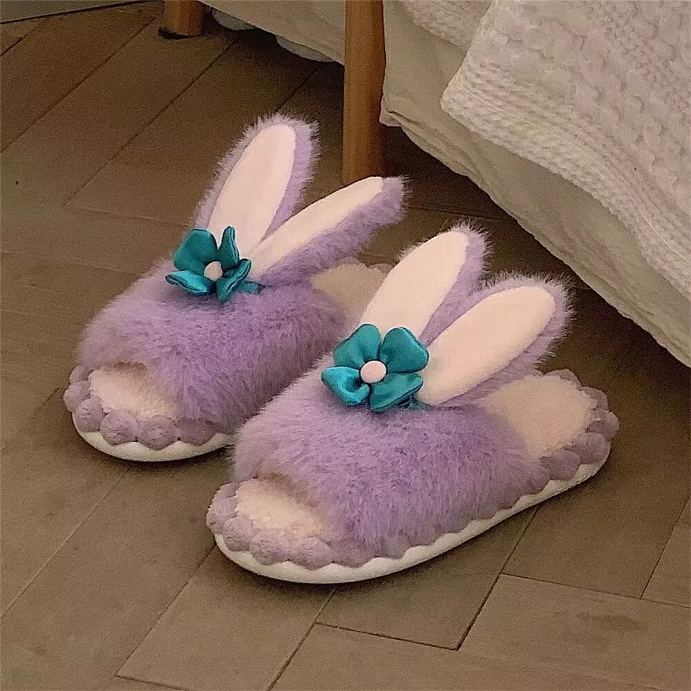 Cute Rabbit Ears Plush Warm Cotton Slippers 2024 Autumn Winter Women Non-slip Indoor Slippers Girls Soft Warm Cotton Shoes 36-41