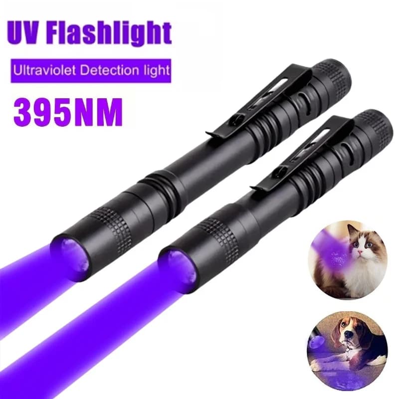 395nm UV Flashlight Ultraviolet Torch With Pen Clip Portable Violet Light Pet Urine Scorpion Detector UV Lamp Use AAA Batteries