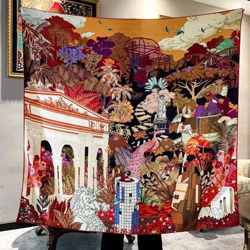 High-end Elegant Women Fine Scenery Statue of Liberty Double-sided Print Quality Silk Wool Hand-rolled Large Square Scarf Shawl