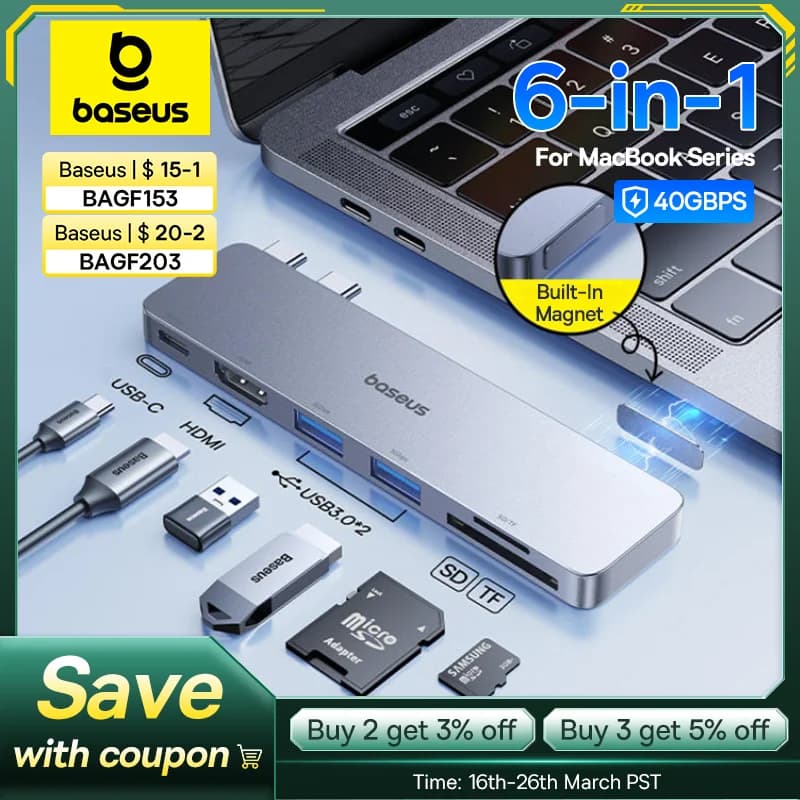 Baseus Dual USB-C Hub to HDMI-Compatible 4K 30Hz For Thunderbolt 3/4 40Gbps USB 3.0 Type C HUB SD TF For MacBook Pro Air USB Hub