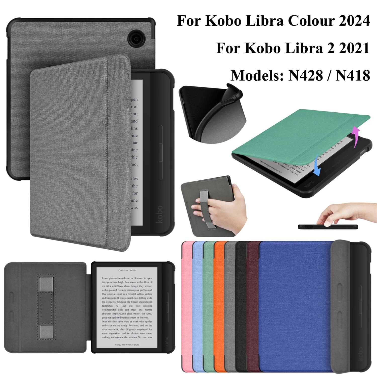 For Kobo Libra Colour 2024 Case Libra 2 2021 Cover with Hand Strap Holder 7 inch Ebook N428 N418 Sleep Wake Capa Funda Hoesje