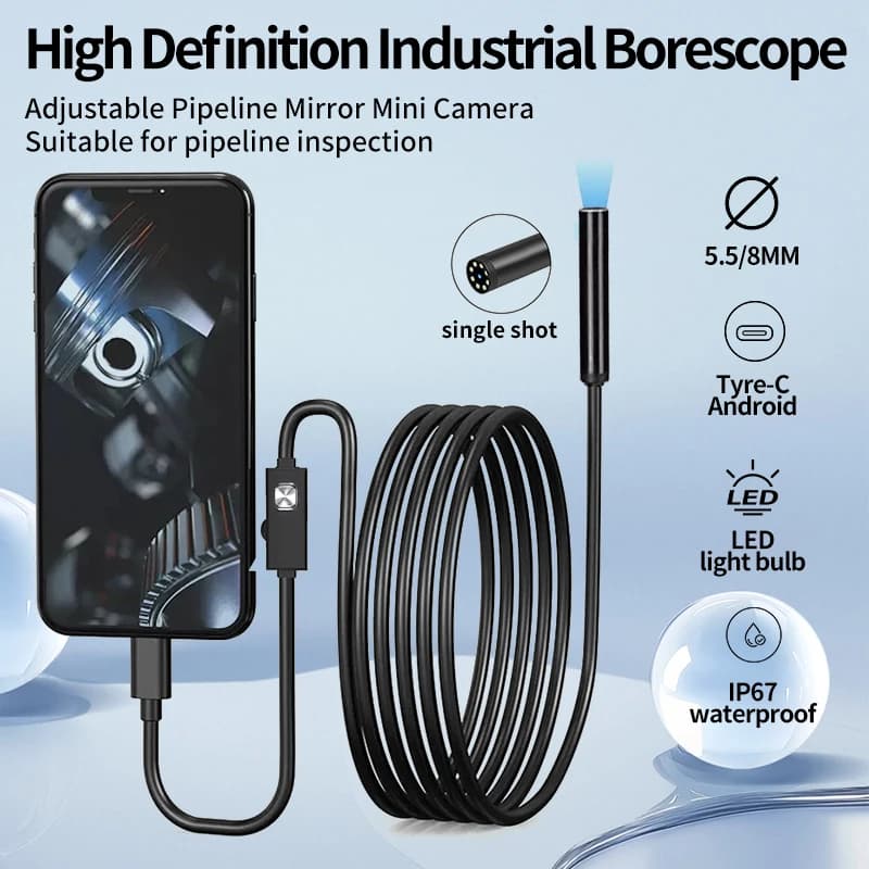 5.5/8MM TYPE-C Android Endoscope Camera IP67 Waterproof 6 LED Adjustable Borescope Mini Camera for Pipeline Inspection