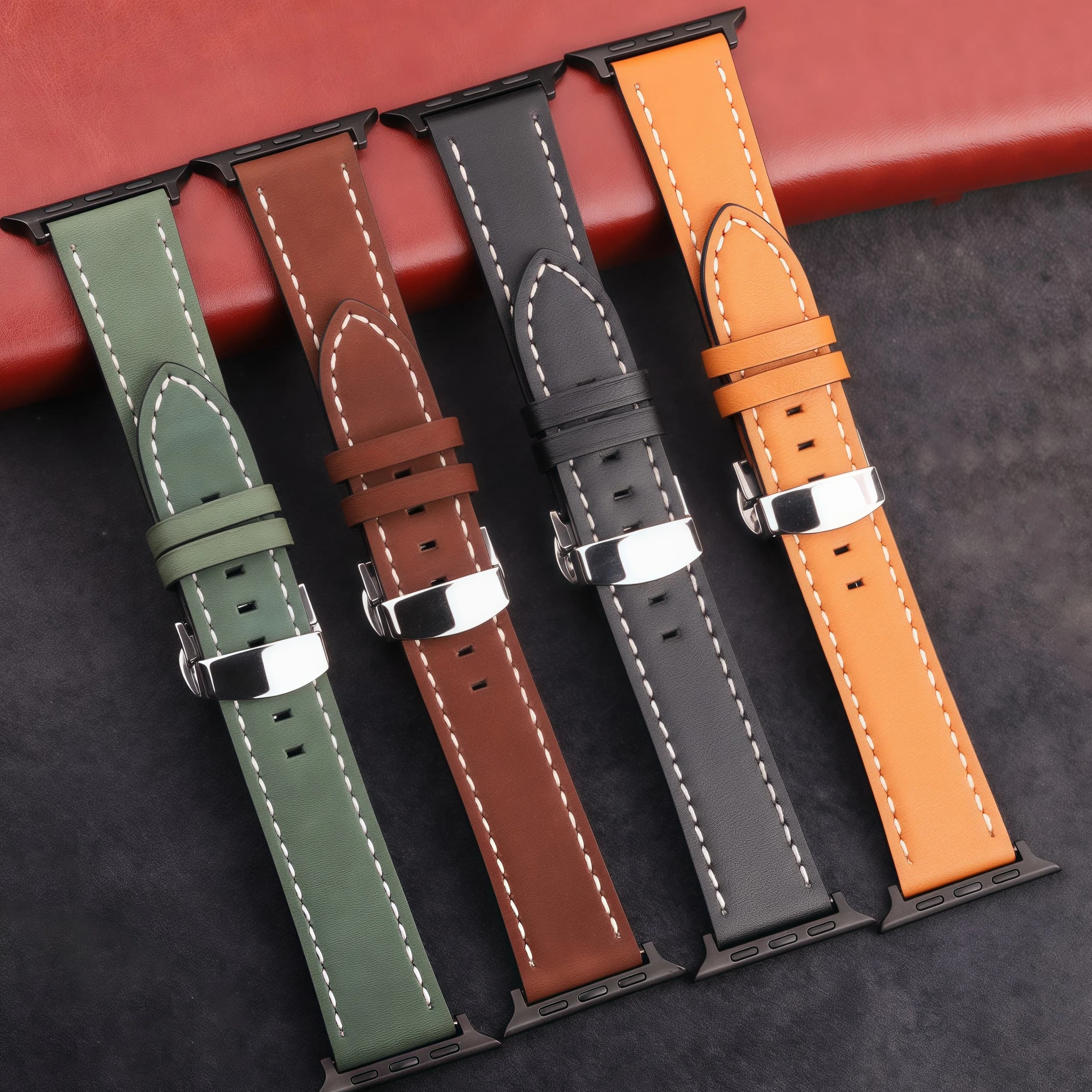 Leather Strap For Apple Watch Ultra Band 49mm 45mm 41mm 40mm 44mm 42mm Butterfly Clasp Bracelet Iwatch Series 9 8 7 Se 6 5 4 3
