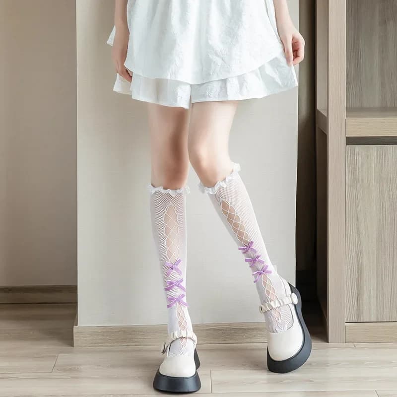 Hollow Out Sexy Lace Mesh Fishnet Stockings Velvet Bow Kawaii Knee Socks Lolita Girls Long Socks Stockings Women