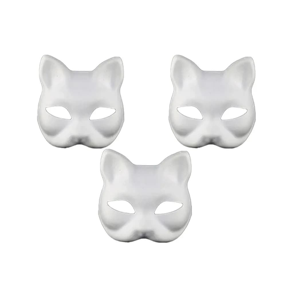 3PCS Therian Masks White Cat Masks Blank DIY Halloween Mask Animal Half Facemasks Masquerade Cosplay Party