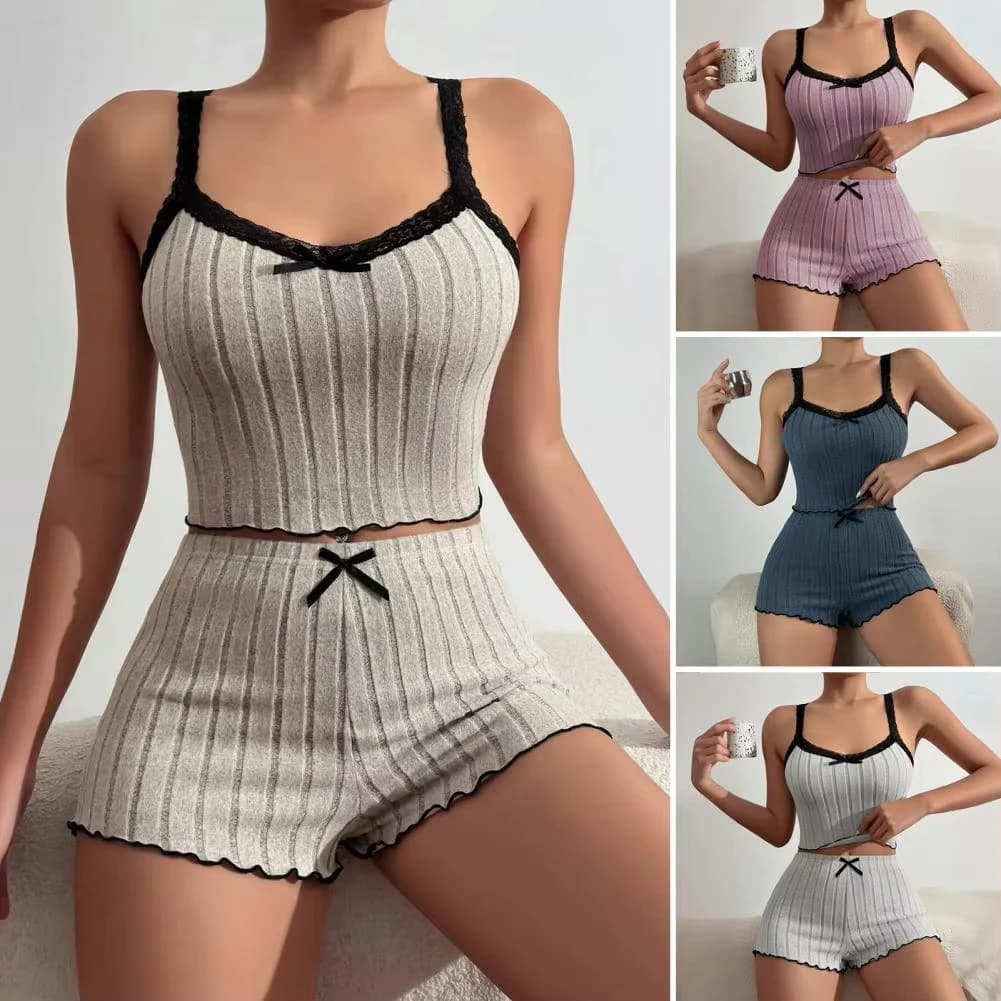 Pajama Suit Suspender Shorts Sexy Bow Print Milk Silk Suit Comfortable Home Wear Women's Pajama Suit