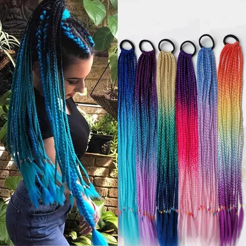 24Inch Synthetic Gradient Colored Braided Ponytail Hair Extension Elastic Rubber Band Braiding Ponytail for Girl Women