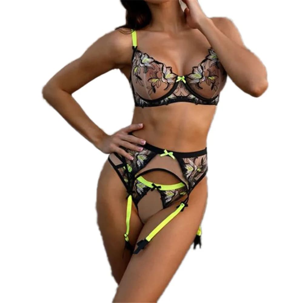 Women's Bra and Panty Set Sexy Bra Erotic Lingerie Transparent Lace Hot Erotic Intimate Lingerie Thong Garter Belt 3-Piece Set